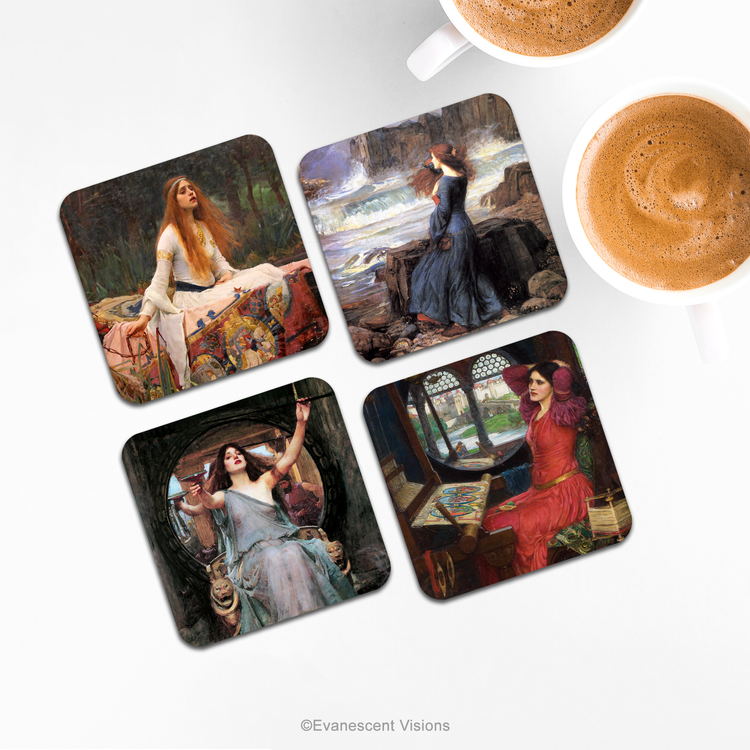 Set of 4 coasters with paintings on a table top with coffee mugs