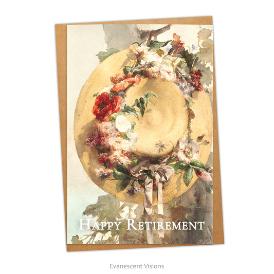 Card and envelope. Card shows 'Happy Retirement' with design 'Straw Hat with Roses, Carnations, and Cornflowers' by artist Angelo Rossi