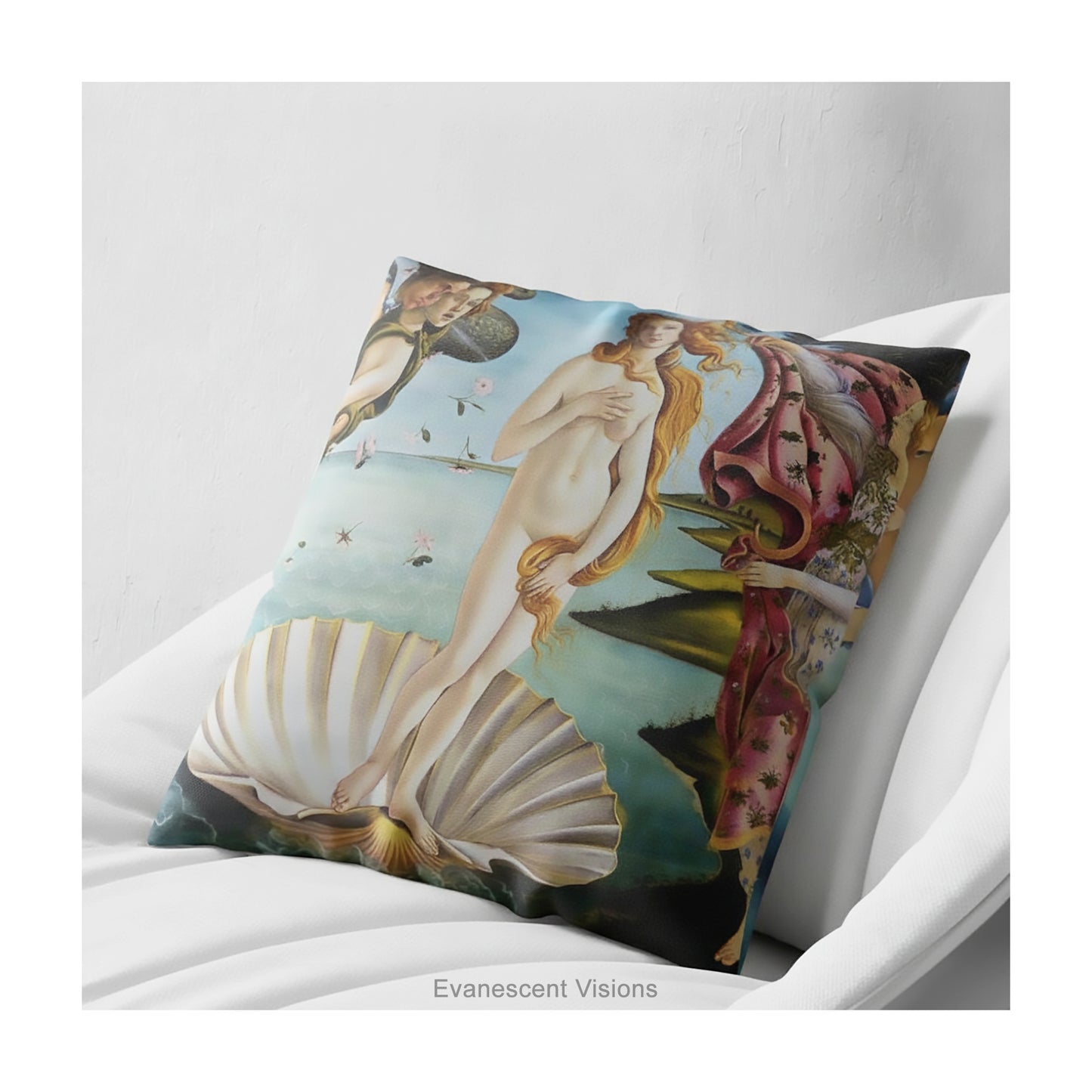 A square cushion featuring a classical art print of 'The Birth of Venus' by Sandro Botticelli, shown on a white armchair.