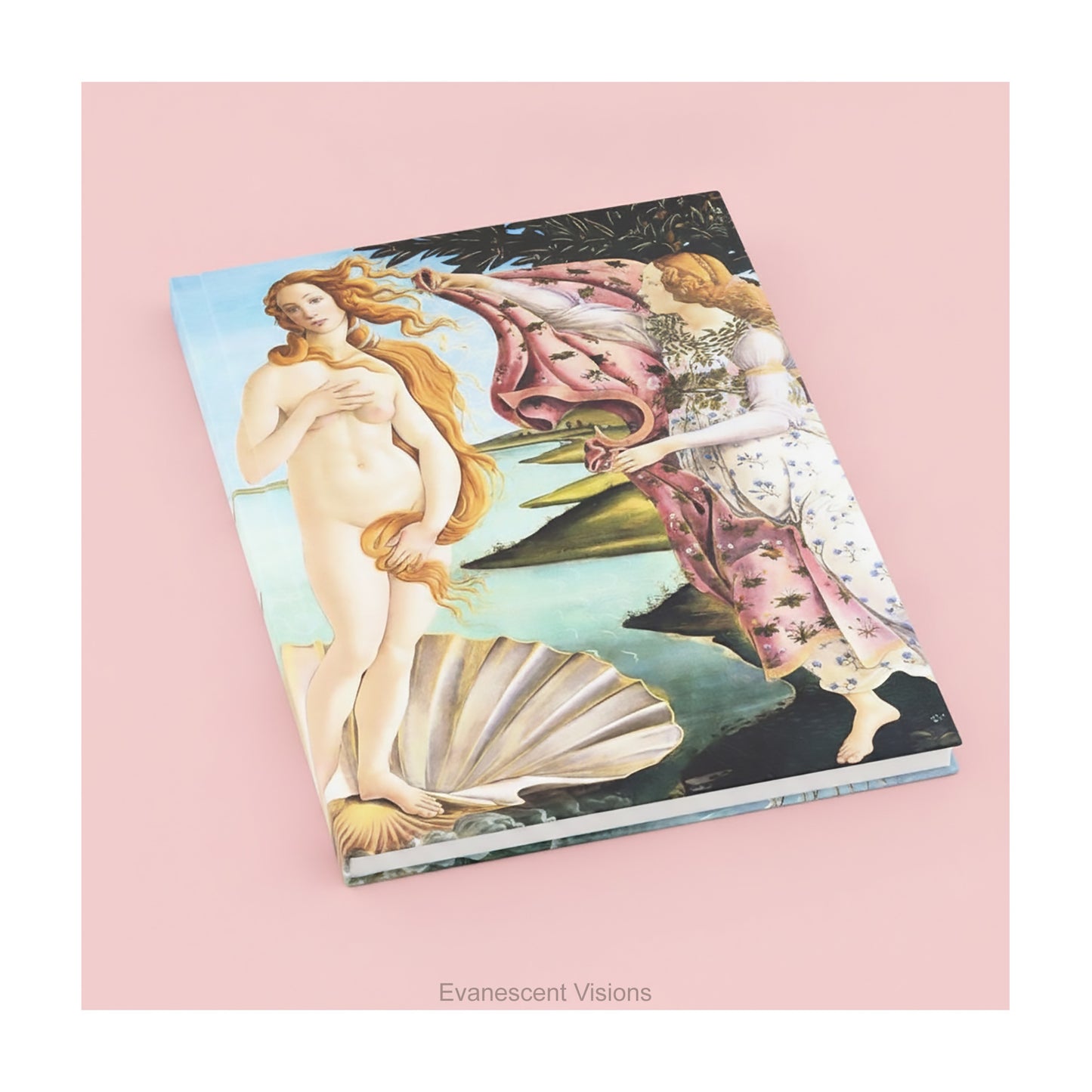 A hardcover featuring Sandro Botticelli's classic painting 'The Birth of Venus' displayed lying on a pink background.