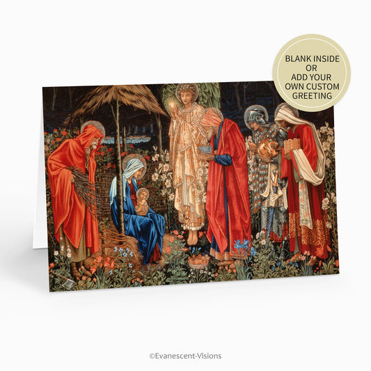Card standing showing 'Adoration of the Magi' tapestry design by Edward Burne-Jones. Sticker advises card may be purchased blank or with custom greeting