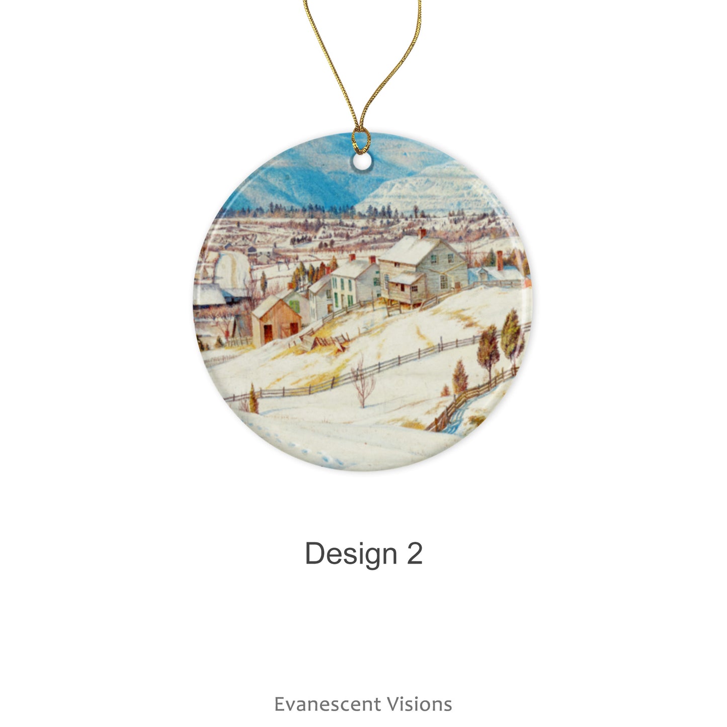 Design option 2 for the Ceramic Christmas Ornaments with Snowy Winter Landscape painting 'High Peak and Round Top (Catskill) in Winter' by artist Charles Herbert Moore