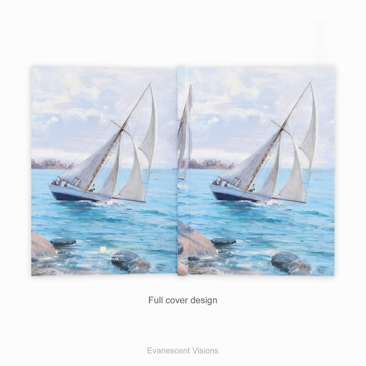 Full cover front and back view of a a hardcover notebook depicting a white sailboat sailing on blue water under a cloudy sky, from painting 'Sailing' by Danielson-Gambogi, shown on a white background.