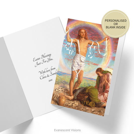 Card with image from William Holman Hunt's painting, 'Christ and the Two Marys.' Inside of card shown with custom greeting. Sticker says, 'Personalised or blank inside.'
