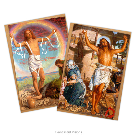 Two cards and envelopes with images from the paintings of William Holman Hunt, 'Christ and the Two Marys' and 'The Shadow of Death.' 