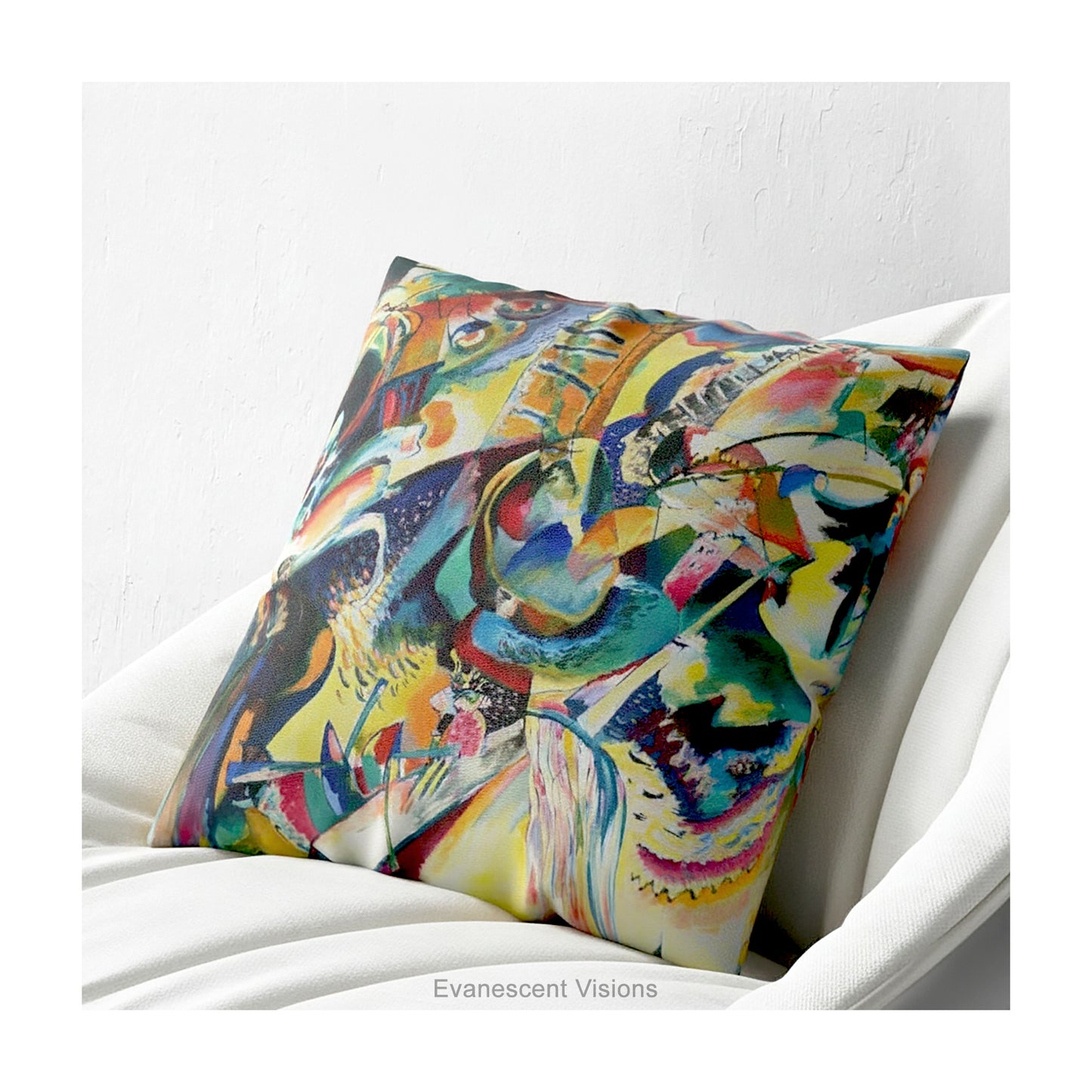 A square cushion featuring the abstract, multicolored painting design 'Improvisation Klamm' by Wassily Kandinsky., shown on a white armchair.