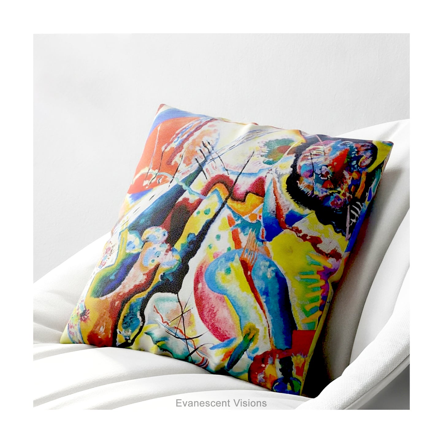 A square cushion featuring a print of the abstract, multicolored painting 'Bild mit Rotem Fleck' by Wassily Kandinsky, shown on a white chair.