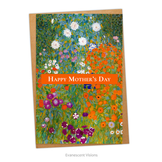 A Mother's Day card with flowers from Gustav Klimt's Bauerngarten and 'Happy Mother's Day' banner across front of card. Brown envelope behind card.