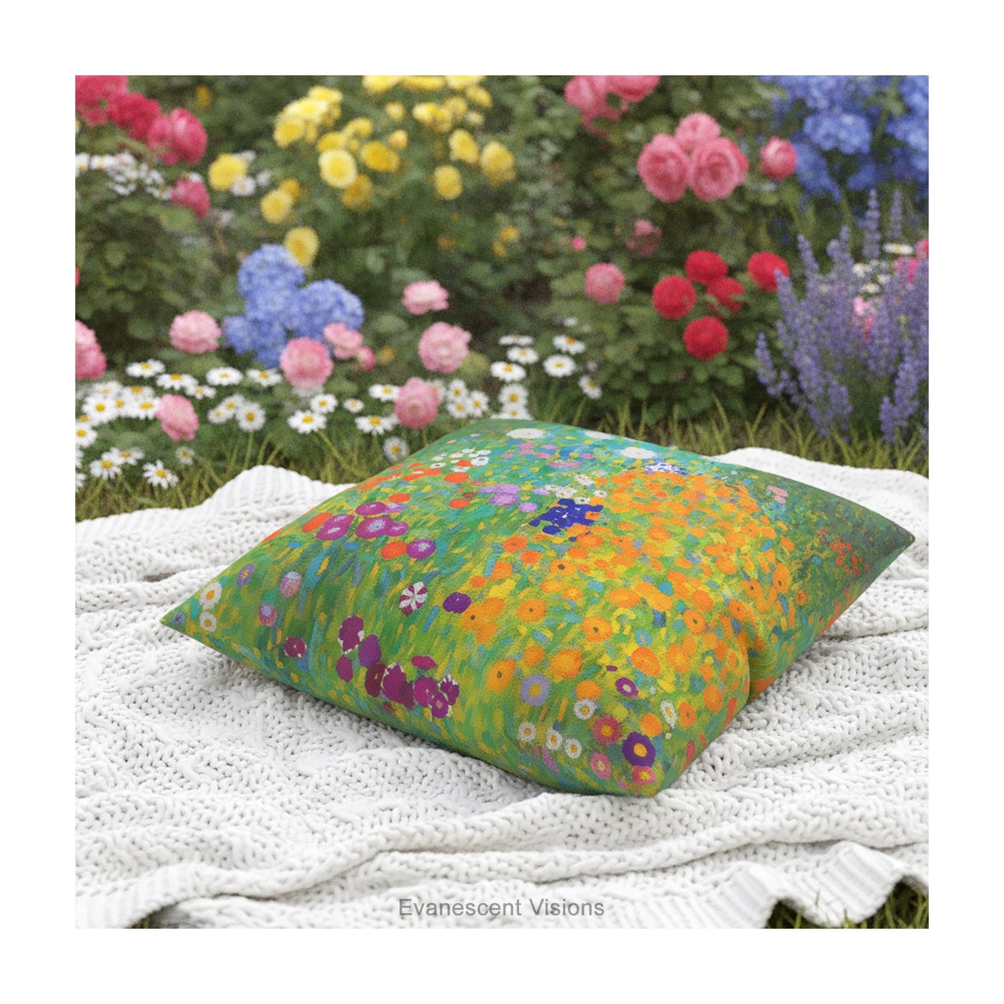 A square cushion pillow featuring a vibrant, impressionistic floral field design titled 'Bauerngarten' by Gustav Klimt, shown on a blanket in a garden