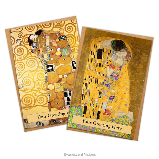 Two cards with envelopes. Card images from Gustav Klimt's paintings, 'The Kiss' and 'Fulfilment' aka 'The Embrace.' Front greeting personalisable.