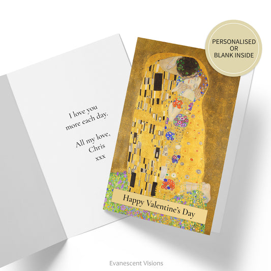 Card with image from Gustav Klimt's painting, 'The Kiss'. Inside card shown with custom greeting.