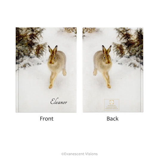 Front and back view of the Personalised Hardback Notebook with artwork 'Winter Hare' by Bruno Liljefors