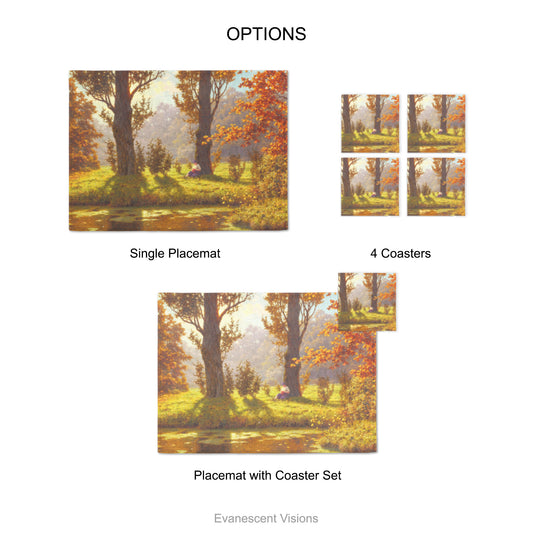 Placemat and coaster with design of  'A Sunny Afternoon' by Ivan Fedorovich Choultsé  (1874–1939).  Product options shows single placemat, set of 4 coasters and placemat with coaster set.