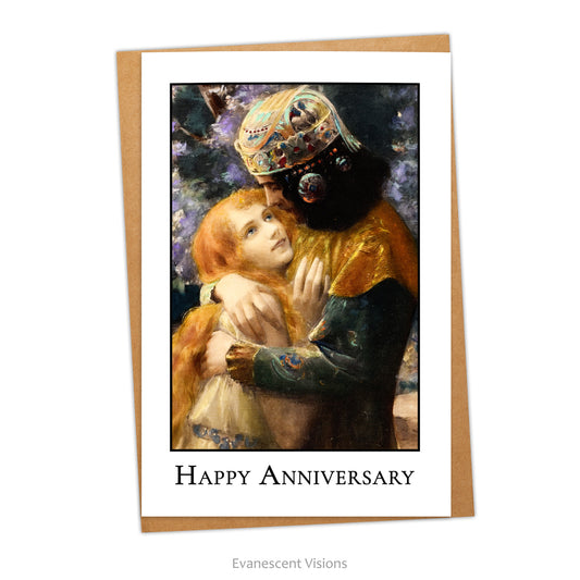 Card and envelope. Front of card has image from painting'Elsa and Lohengrin' by Gaston Bussière and 'Happy Anniversary' underneath.