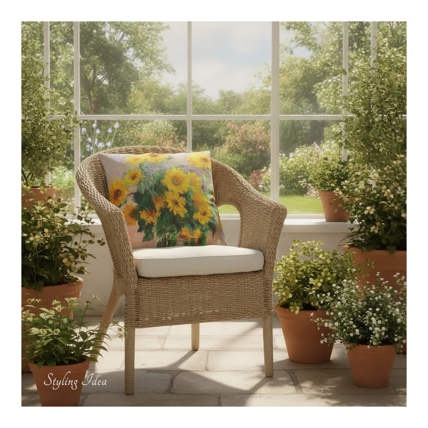 A square decorative cushion with a print of impressionist painting 'Bouquet of Sunflowers' by Claude Monet, on a wicker chair in a conservatory.