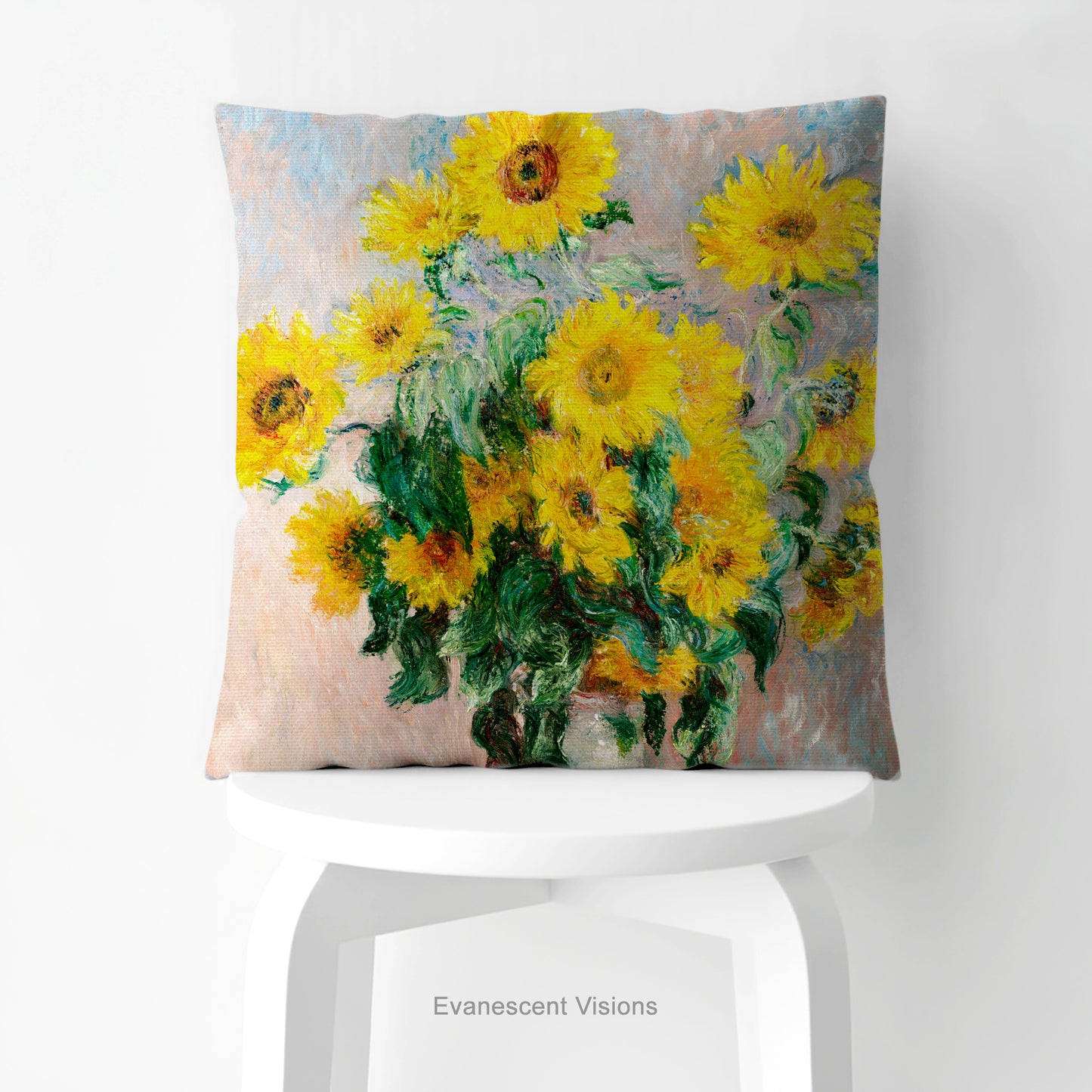 A square cushion with a print of impressionist painting 'Bouquet of Sunflowers' by Claude Monet.