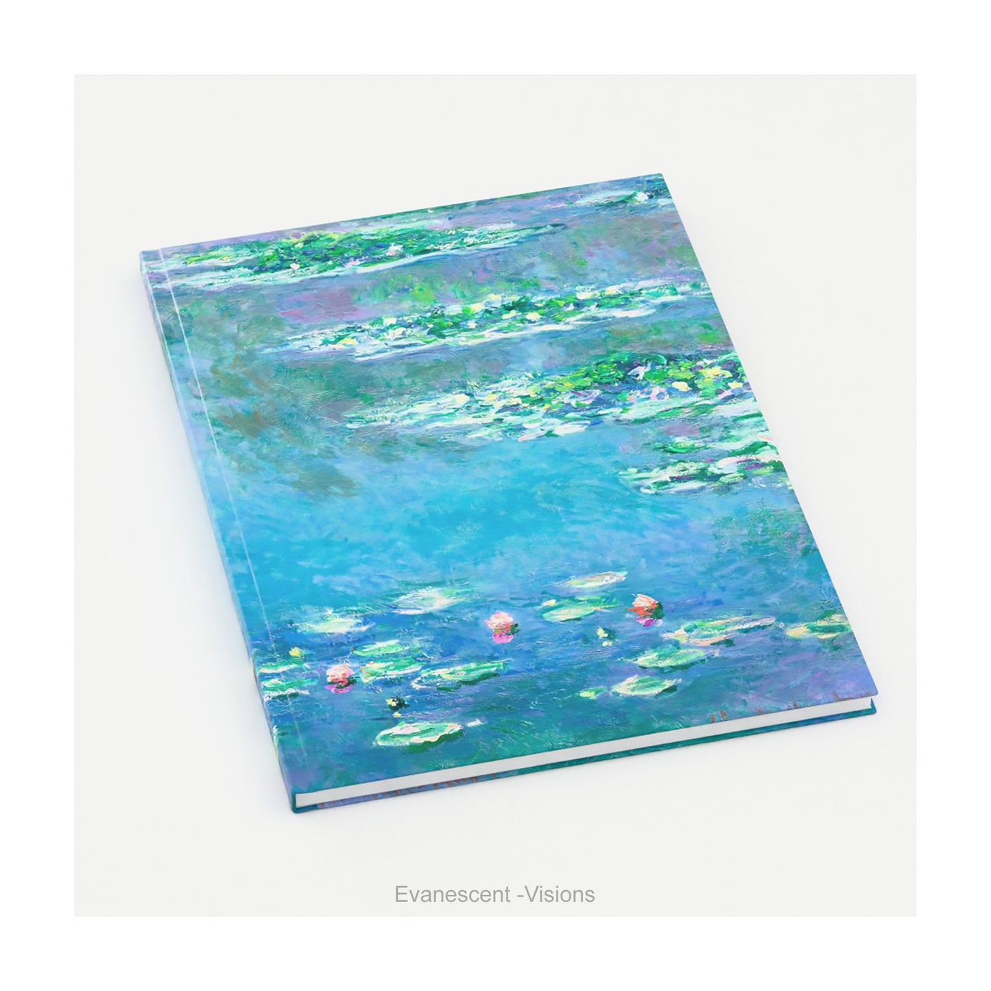 A hardback notebook printed with the impressionist Water Lily painting in blues and greens by artist Claude Monet, on a white background.