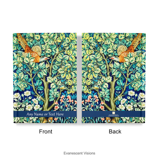 Front adn back views of the Personalised Notebook, Hardback with  William Morris textile design Cock Pheasant