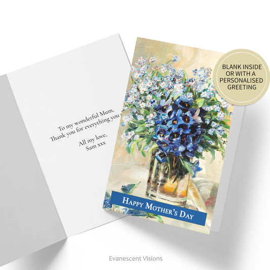 Card and with 'Spring Flowers in a Glass Vase' by Rosa Scherer  and 'Happy Mother's Day' on front. Inside of card shown with custom greeting.