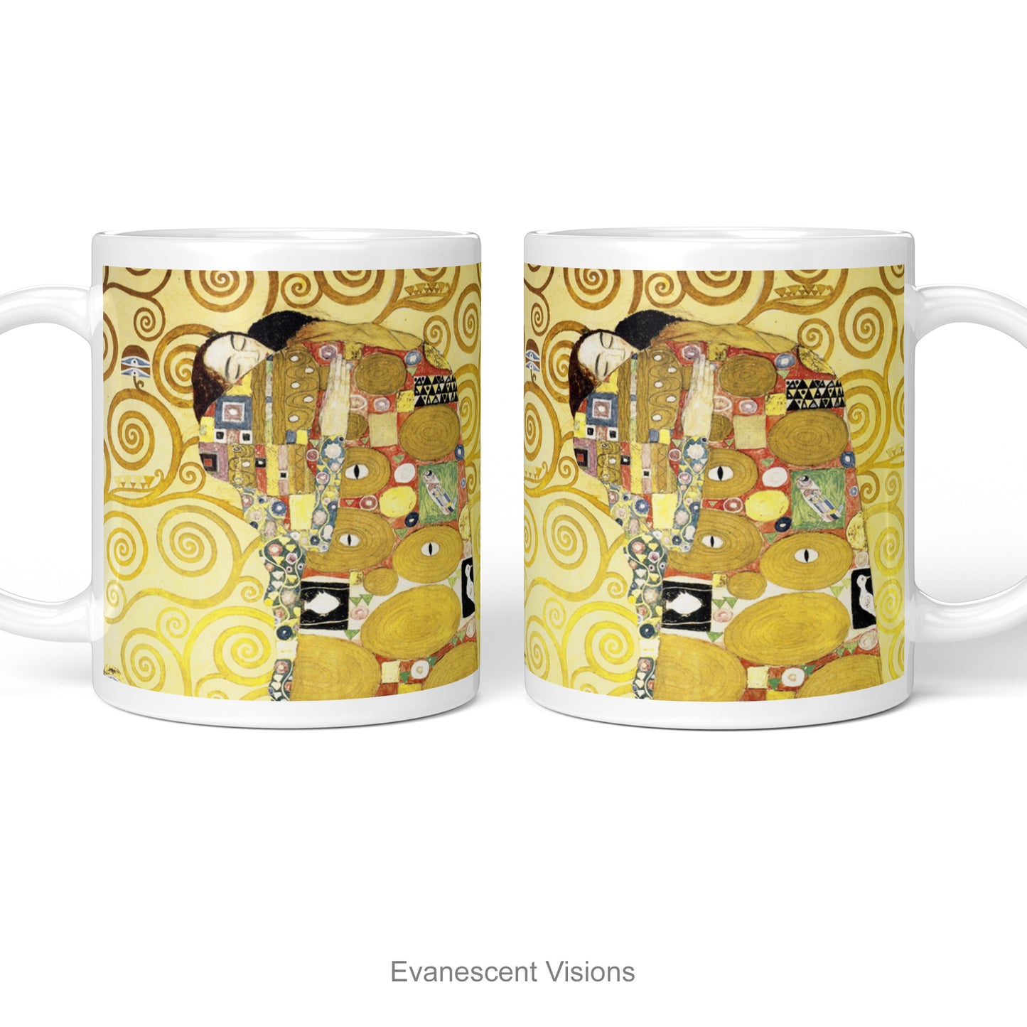 Left and right side views of white ceramic mug featuring Gustav Klimt's 'The Embrace' artwork, shown standing against a white background.