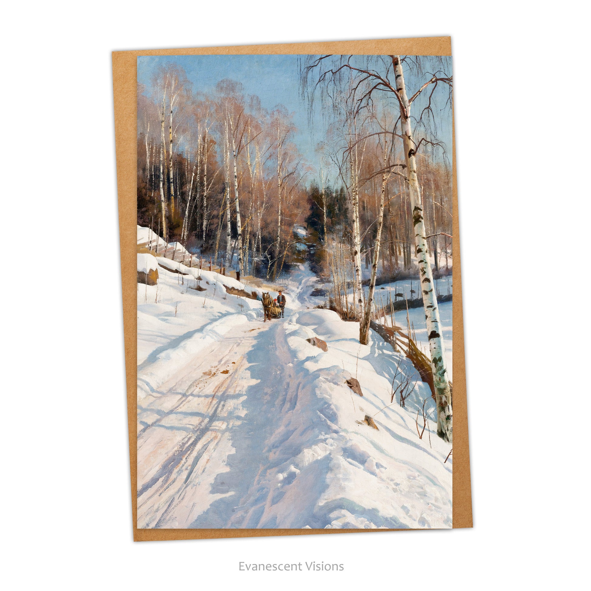 Winter's Day Sleigh Ride Traditional Christmas Card with artwork Sleigh Ride on a Sunny Winter Day by  Peder Mørk Mønsted, with an envelope.