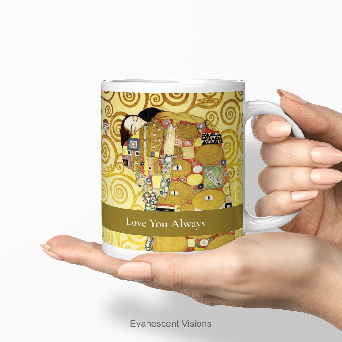 Personalised mug with Gustav Klimt's Fulfilment also known as The Embrace. It is being held in two hands.
