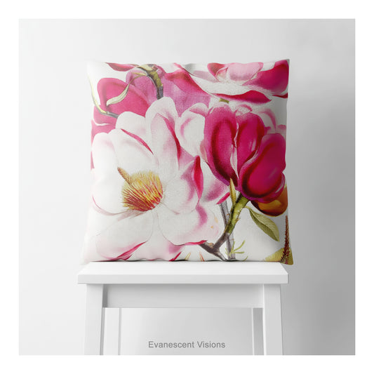 A square cushion featuring a watercolor-style floral print of magnolia blossoms artwork by Walter Hood Fitch, shown on a white stool.