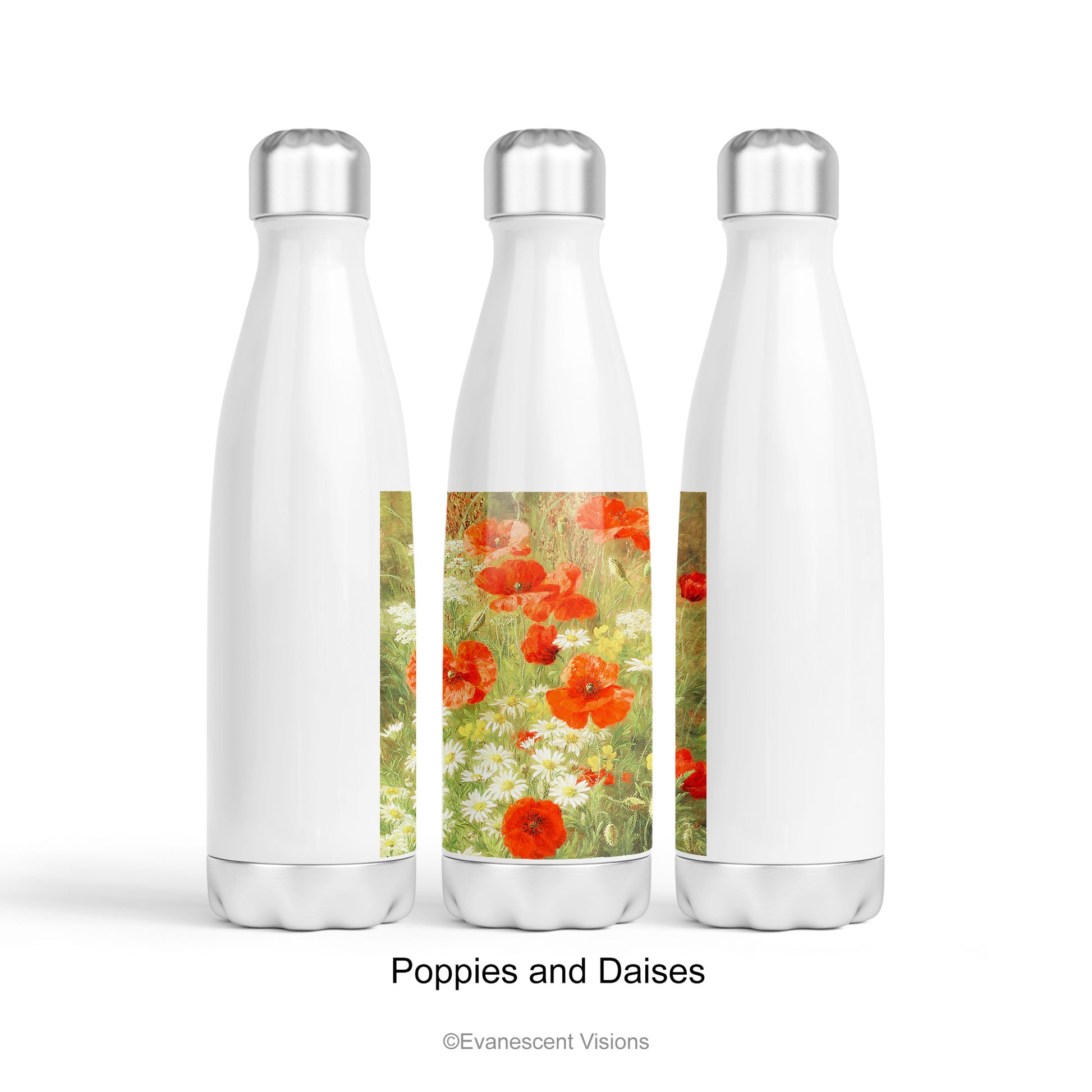 Three Stainless Steel Water Bottles with the design option 'Poppies and Daisies'