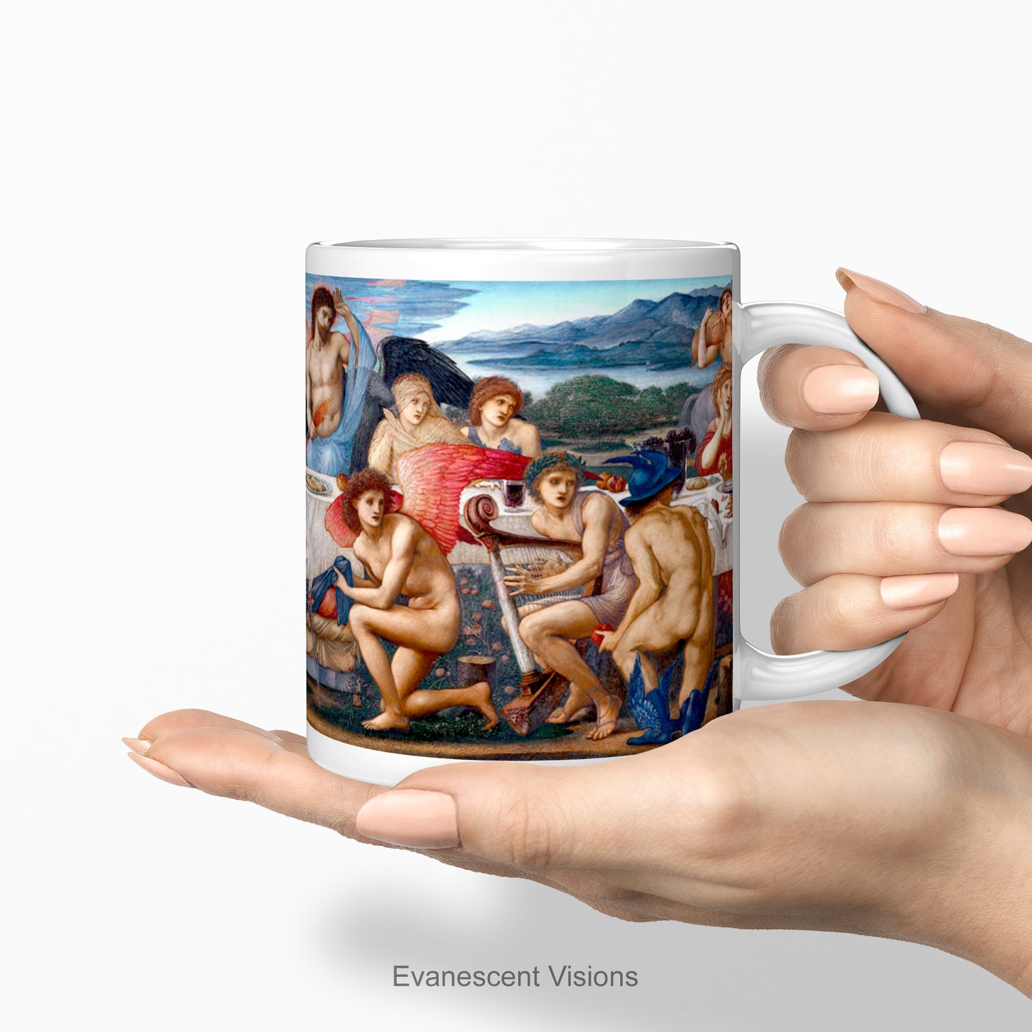 A hand holding awhite ceramic coffee mug featuring a detailed print of the classical painting 'The Feast of Peleus' byy Edward Burne Jones.