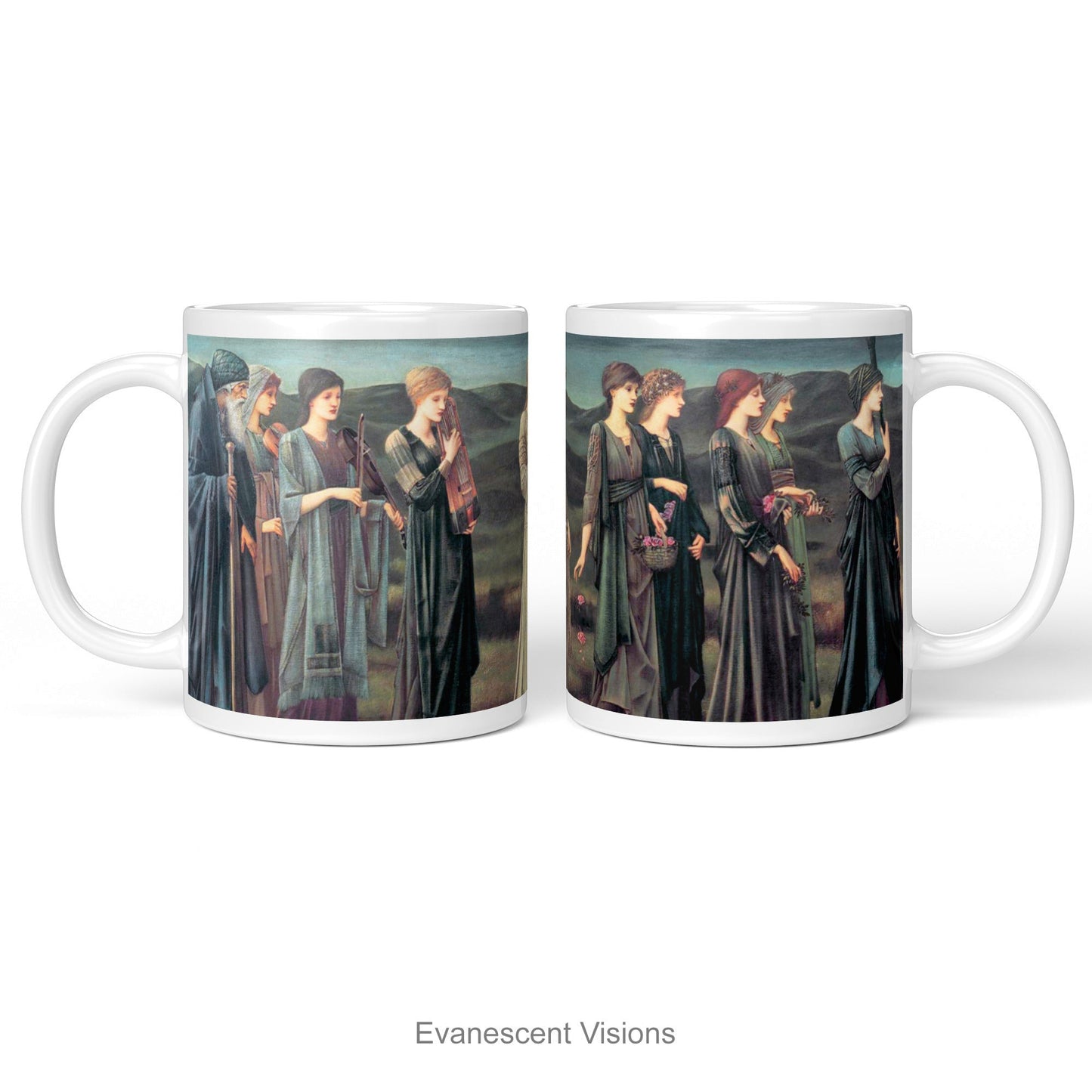 Left and Right views of A white ceramic mug featuring a print of Burne-Jones painting 'Psyche's Wedding. Wedding'