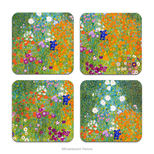 Set of 4 Coasters decorated with four different details of Gustav Klimt's painting Bauerngarten (Cottage Garden)