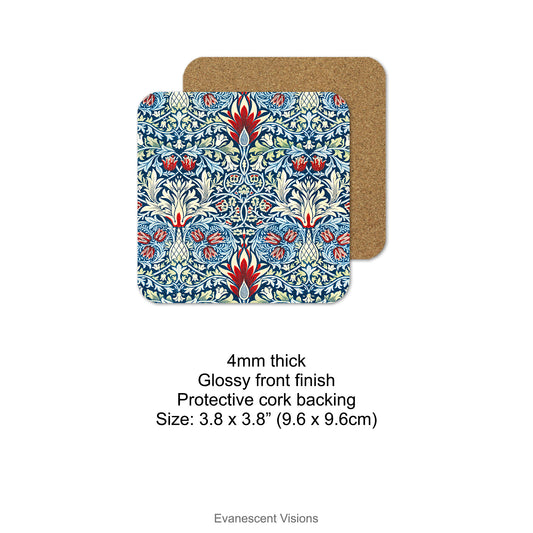 Snakeshead patterned Coaster showing glossy front and protective cork backing with product details