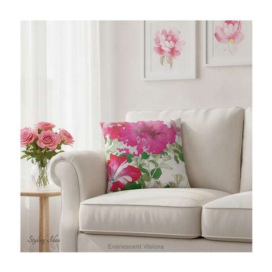 A square pillow with a vibrant floral print of Vintage petunia flowers by Japanese artist, Tanigami Kônan shown on a cream sofa.