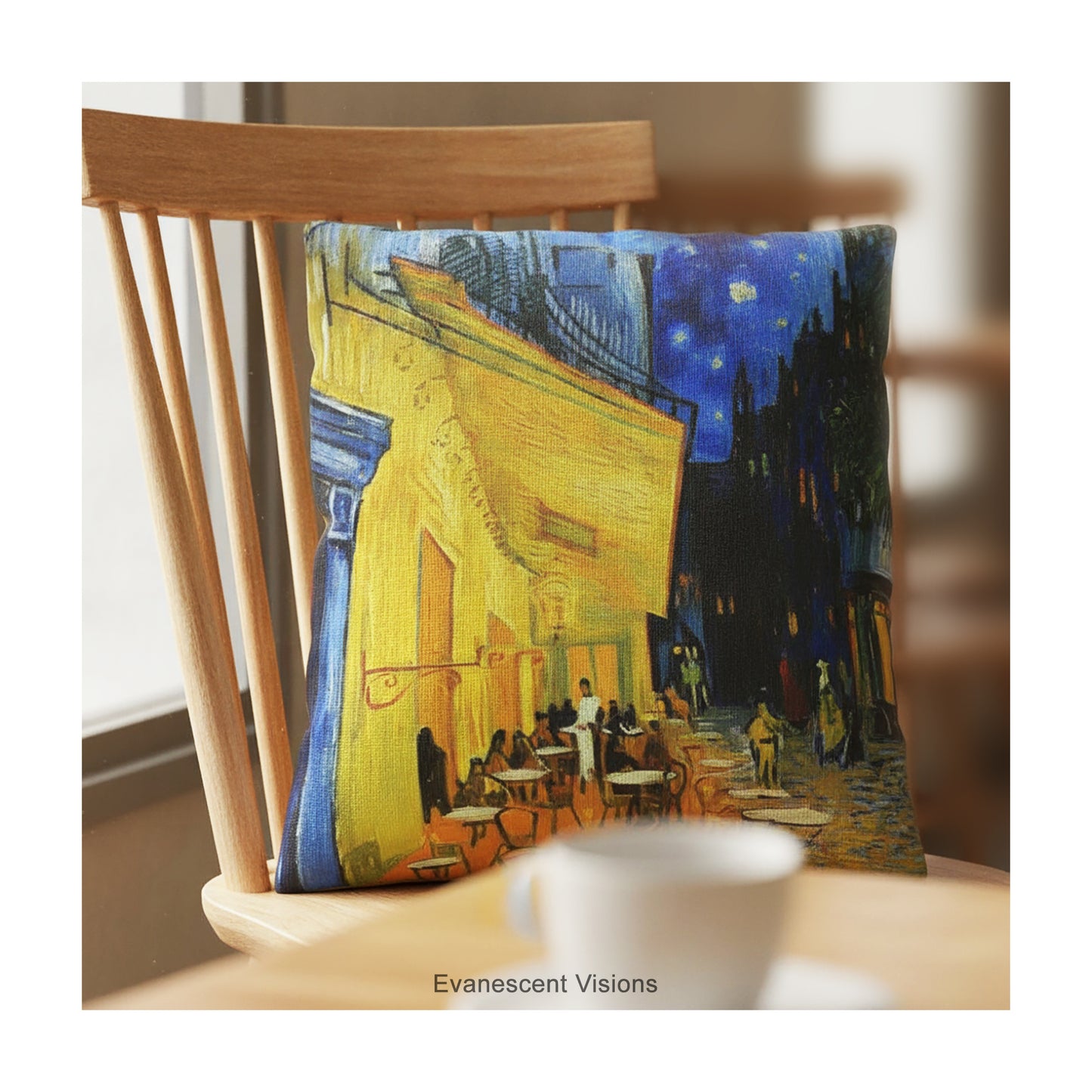 An artistic pillow featuring Vincent van Gogh's Cafe Terrace at Night' painting print, shown on a cafe chair