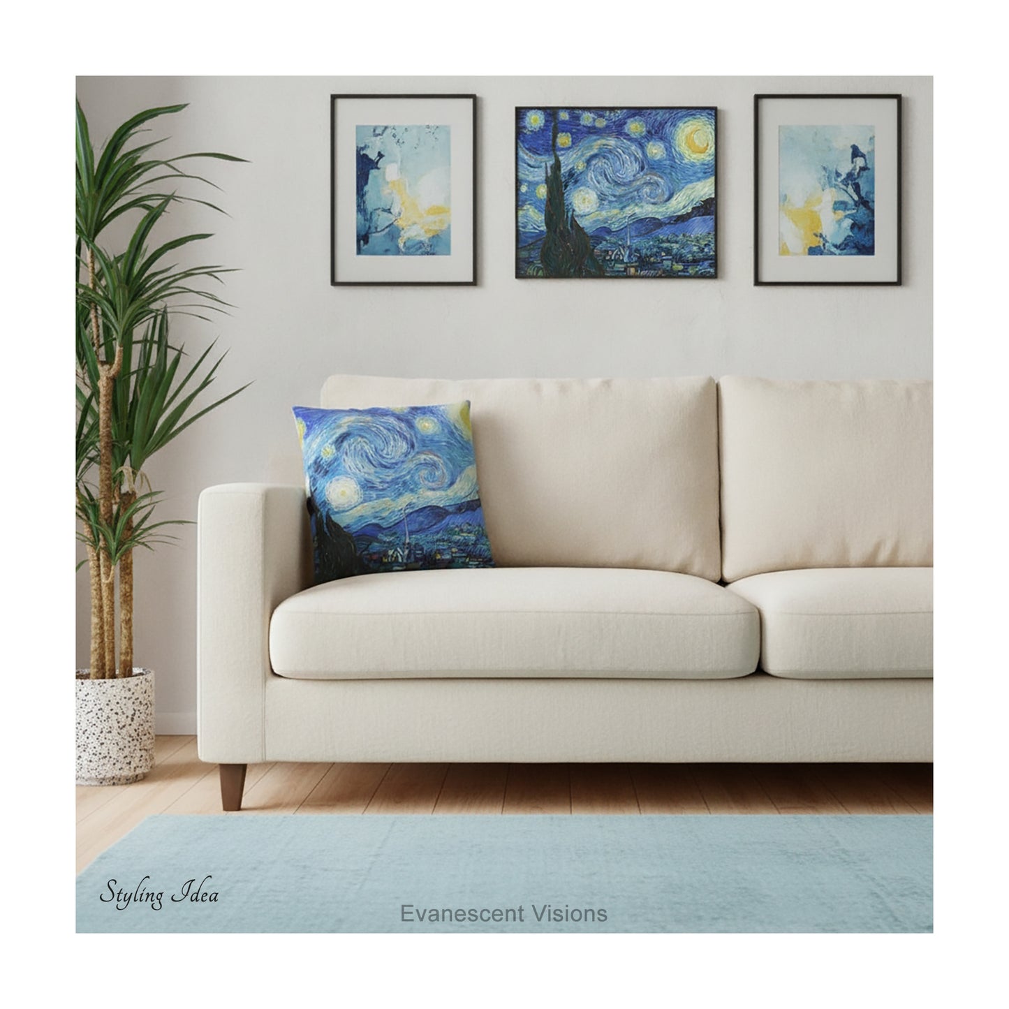 A square artistic themed cushion featuring Vincent van Gogh's 'Starry Night' painting' in blue and yellow tones, shown styled on a cream coloured sofa.