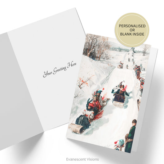 Card with image showing a vintage design of a tobogan race in the snow. Also shown is inside of card with custom greeting and sticker saying 'Personalised or blank inside.'