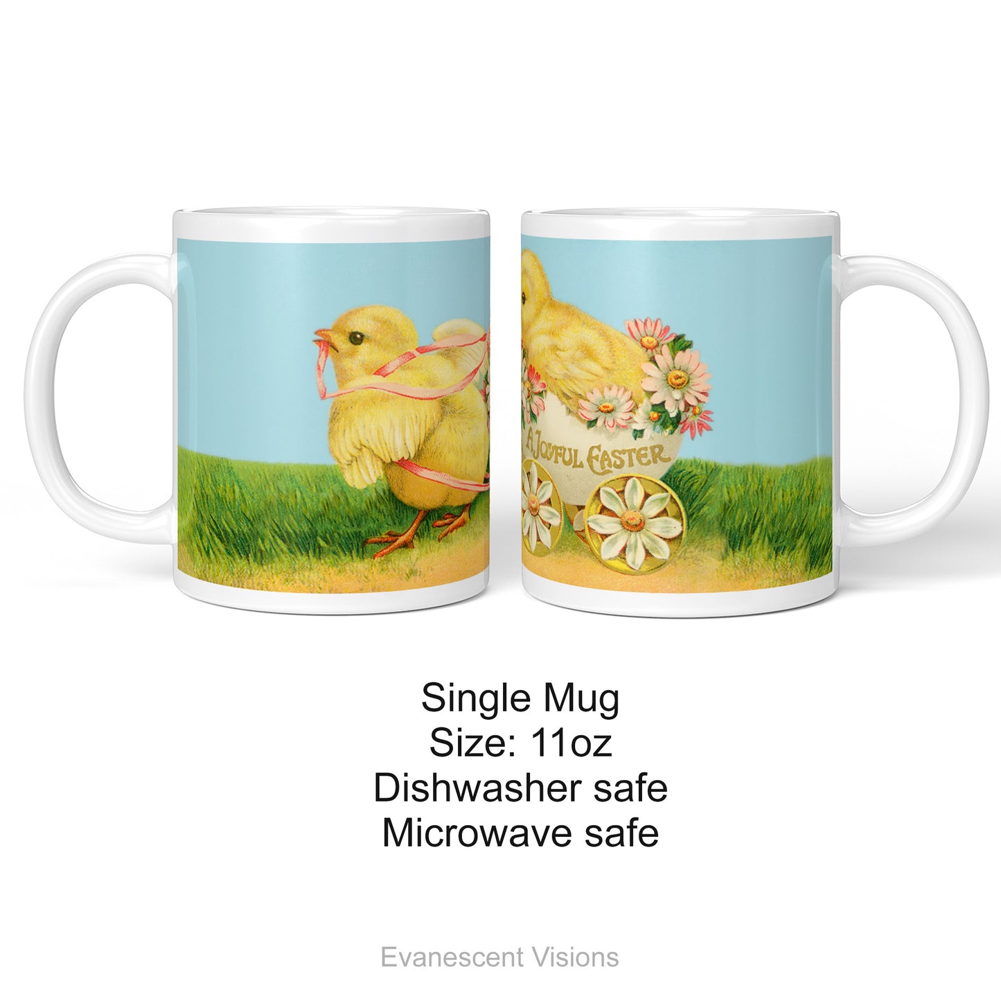 Ceramic mug with vintage design of Easter Chicks seen from both sides and product details underneath