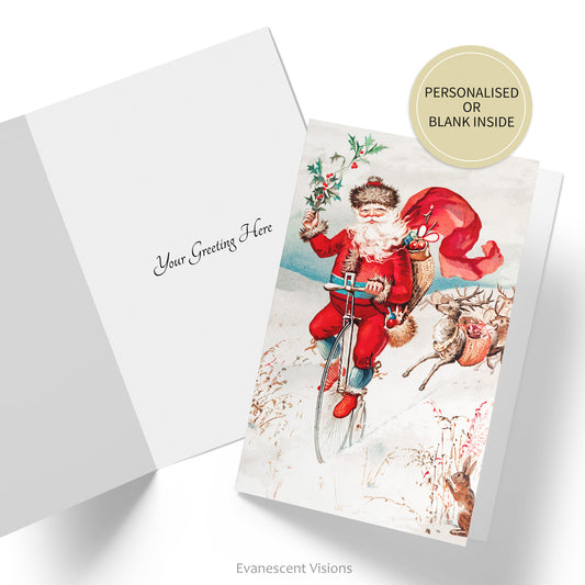 Card shows a Father Christmas riding a penny farthing with a reindeer following him. He holds a sprig of holly. Inside of card also shown with custom greeting. Sticker says 'personalised or blank inside.'