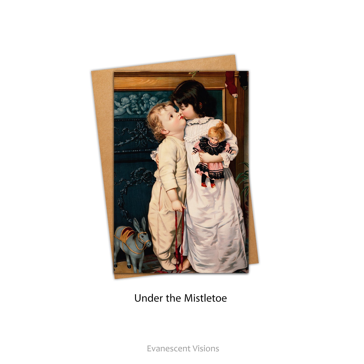 Card and envelope. Image of card called 'Under the Mistletoe.'
