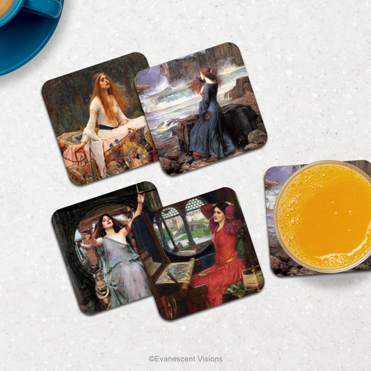 Waterhouse coasters displayed on counter top with drinks.