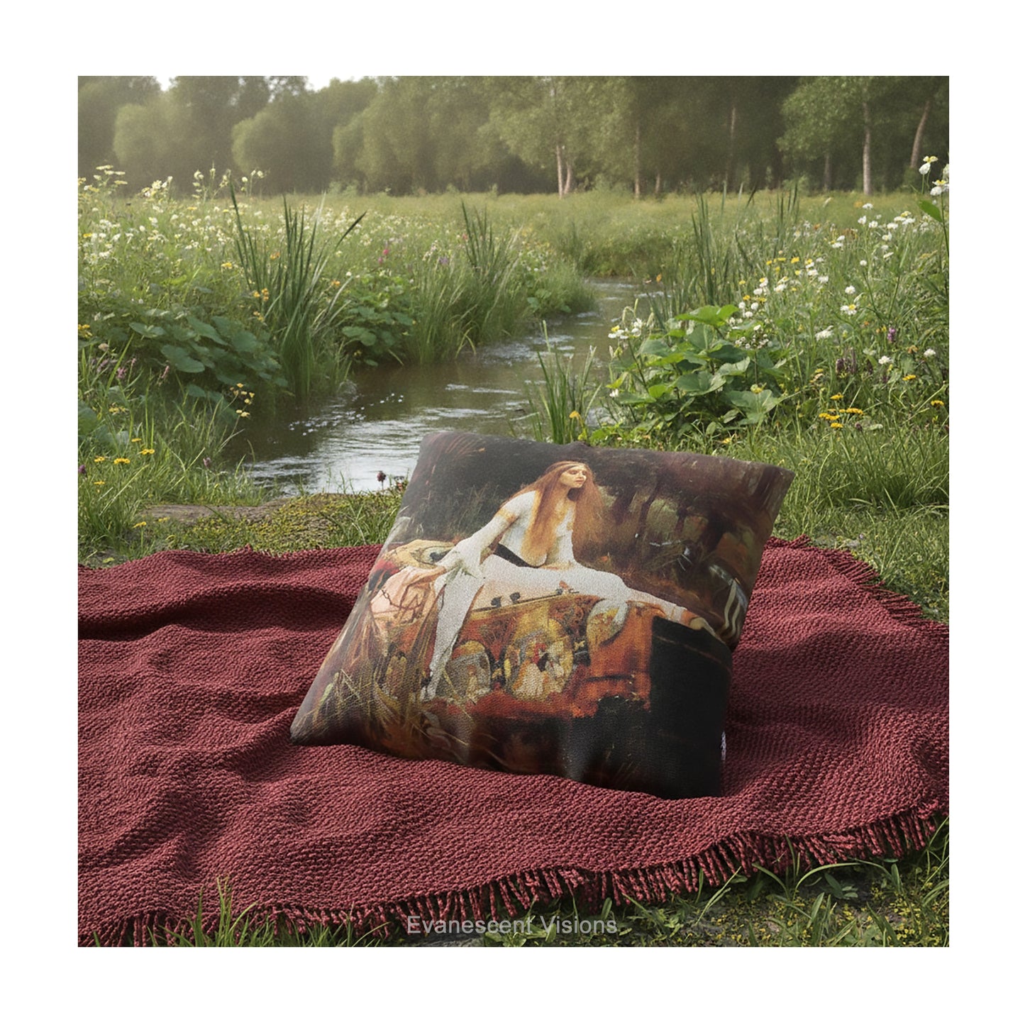 A square decorative cushion featuring the painting 'The Lady of Shalott' by JW Waterhouse, shown a red blanket by a small river.