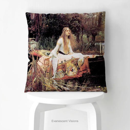 A square decorative cushion featuring the painting 'The Lady of Shalott' by JW Waterhouse, shown on a white stool.