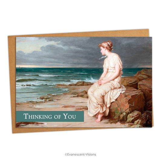 Card and envelope with design 'Miranda' by J W Waterhouse and words 'Thinking of You' printed at bottom of card.
