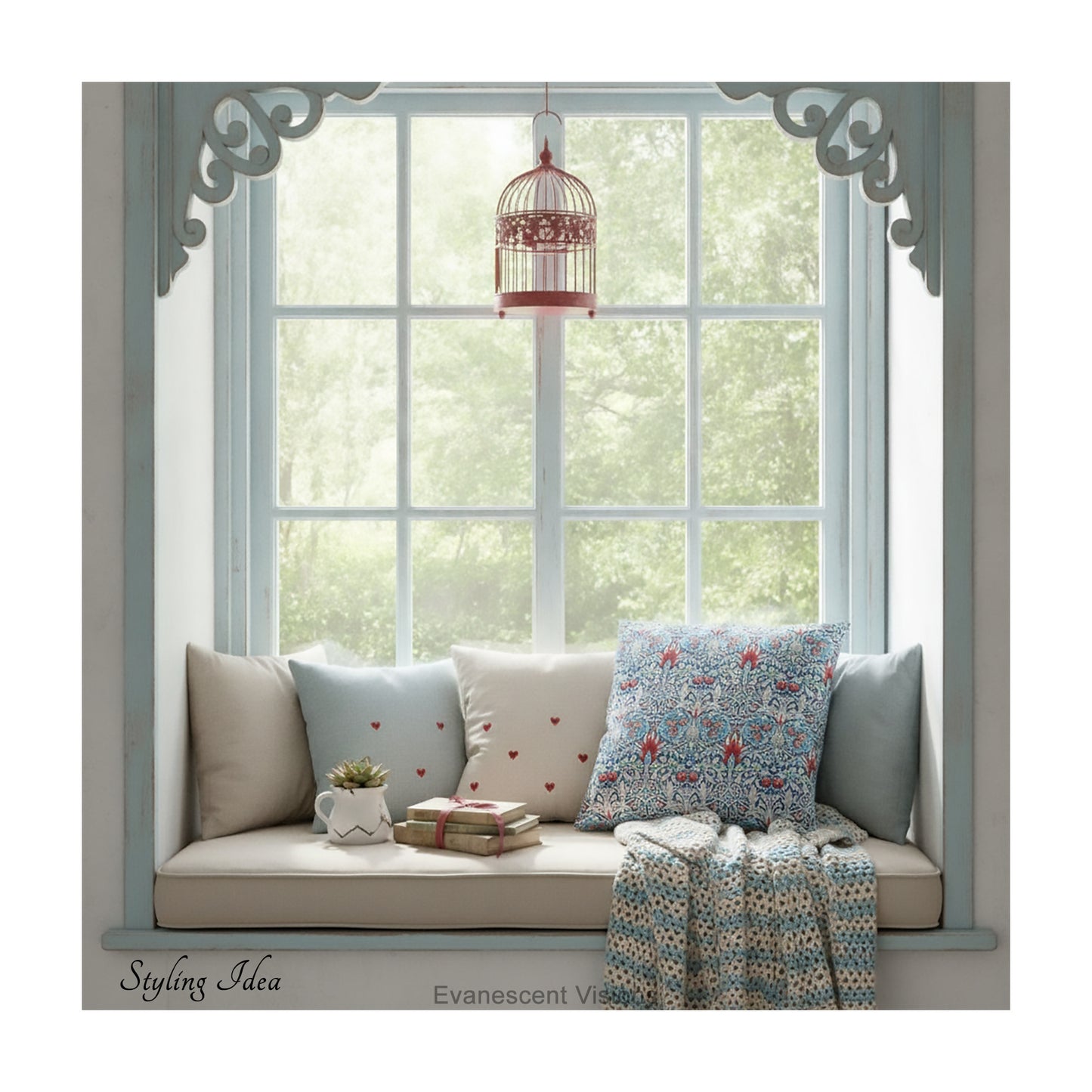 A square decorative cushion with red and blue floral themed pattern entitled 'Snakeshead' by William Morris, on a window seat.