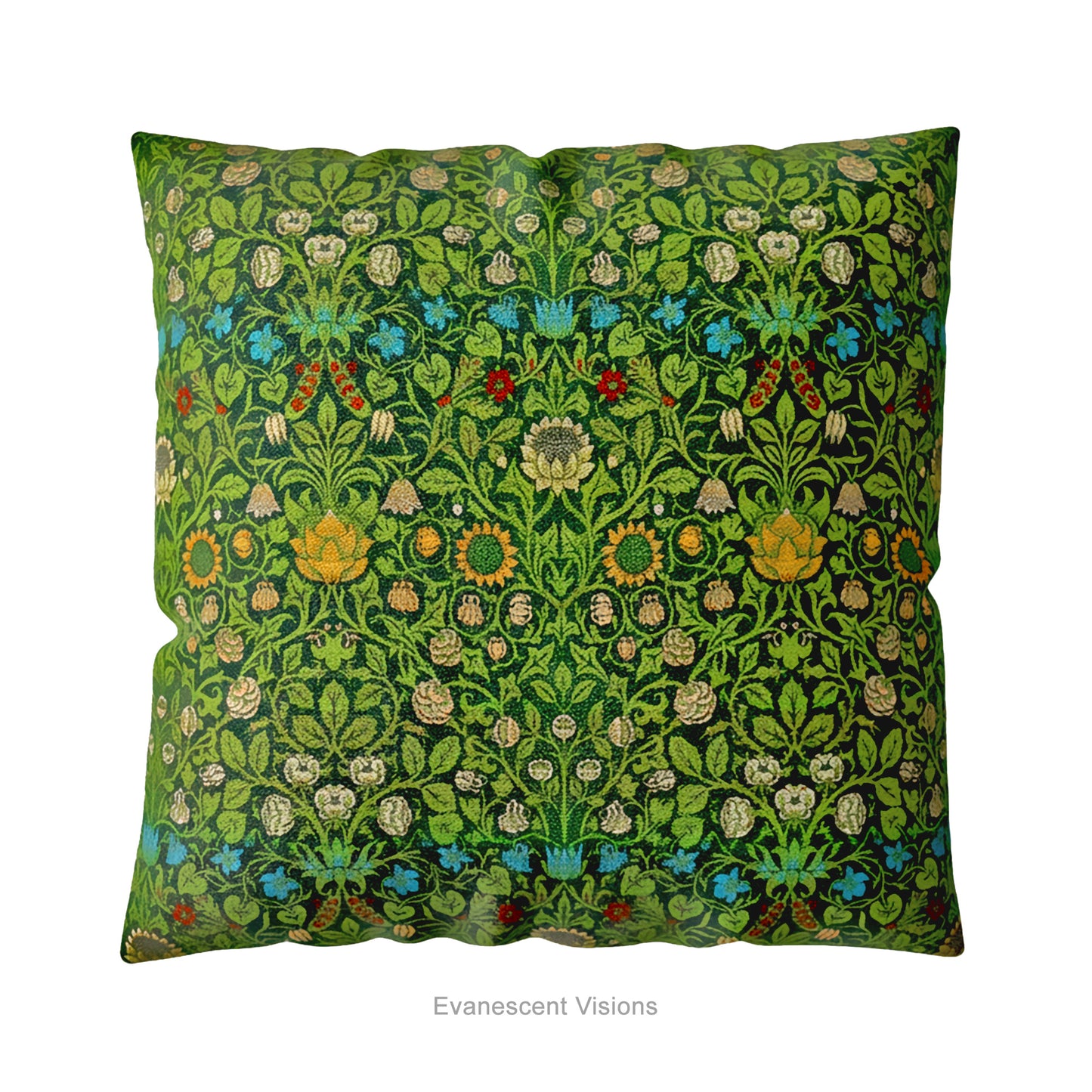A square decorative cushion on a white background, featuring the floral pattern 'Violet and Columbine' by William Morris.