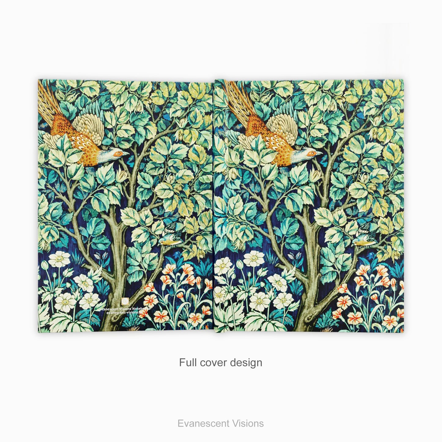 A full cover design preview of the front and back of a hardback notebook featuring textile design 'Cock Pheasant' by William Morris, shown on a light gray background.