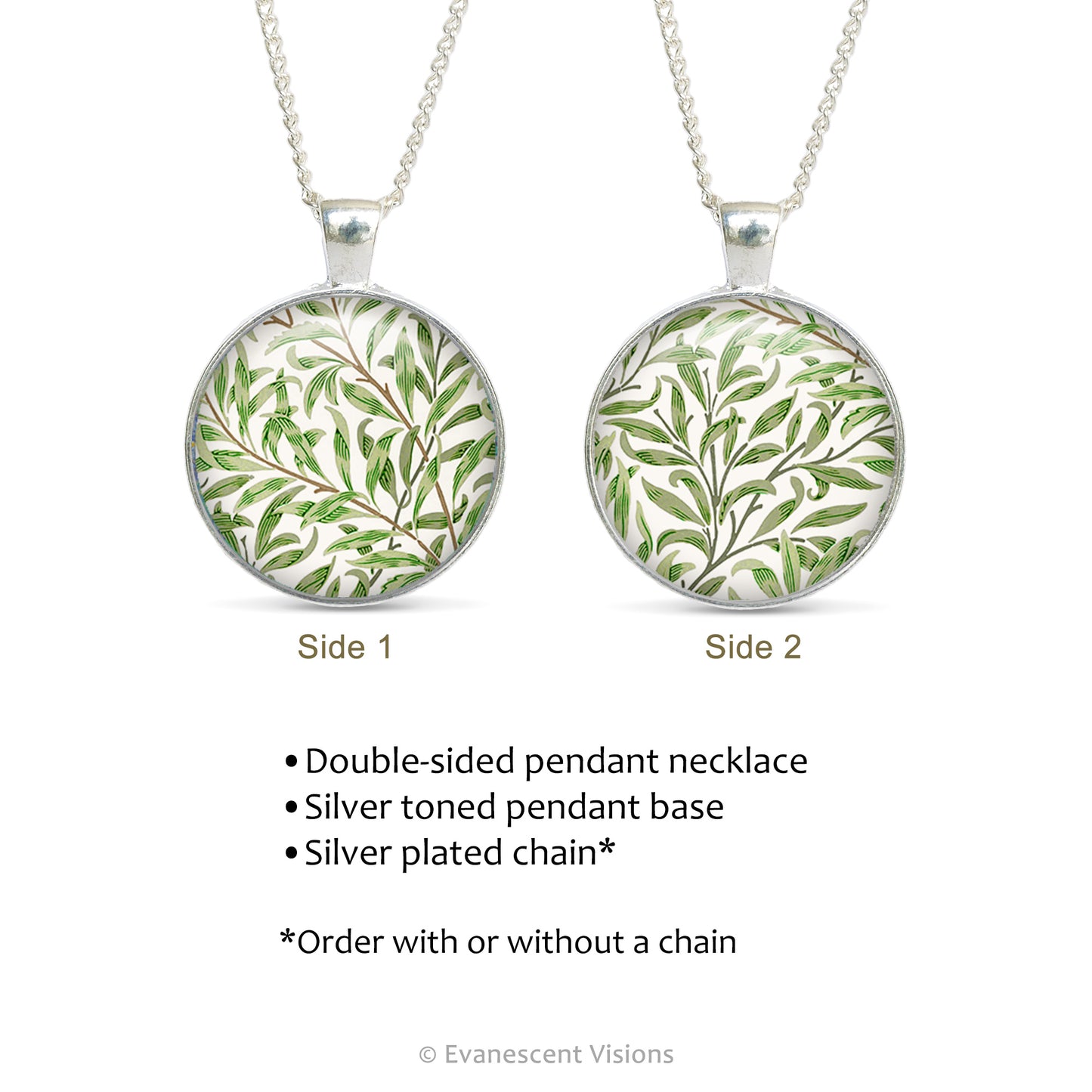 Product details for the double sided cabochon pendant necklace with detail from the design 'Willow bough' by William Morris