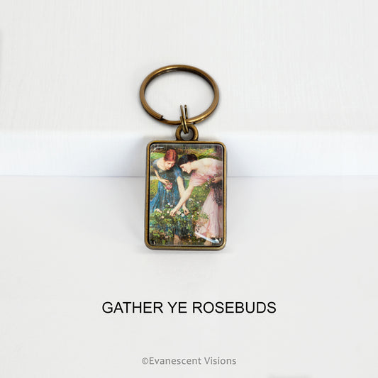 Pre-Raphaelite art keyring with artwork 'Gather Ye Rosebuds' by John William Waterhouse, on a white background
