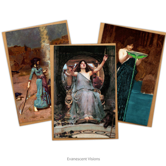 Three cards with images of witches