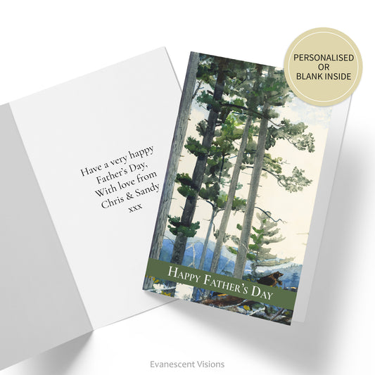 Front and inside view of the Winslow Homer 'Old Settlers' Nature Father's Day Card, with an example inside greeting.